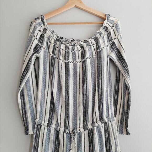 ROXY Anthem 100% Cotton Off-Shoulder Romper Blue Stripe Pattern Sz M - Picture 3 of 13